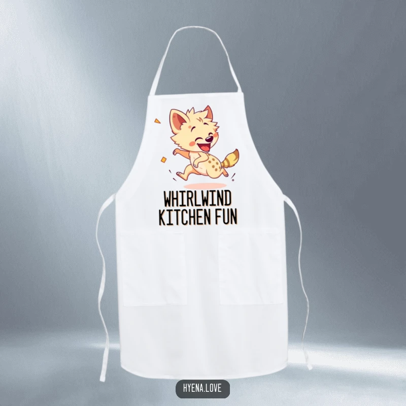 Funny Apron: A cheerful hyena is enthusiastically chasing its own tail in a dizzying, comical manner.