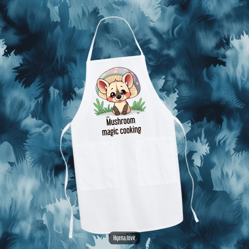 Funny Apron: A mischievous hyena with wide eyes peeks out from behind a giant, colorful mushroom.