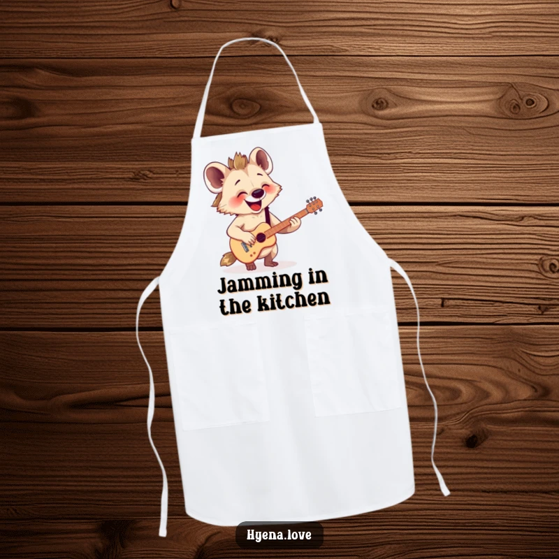 Funny Apron: A happy hyena enthusiastically strums a tiny, imaginary guitar with pure joy and energy.