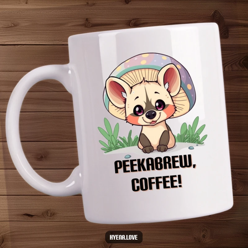 Funny Mug: A mischievous hyena with wide eyes peeks out from behind a giant, colorful mushroom.