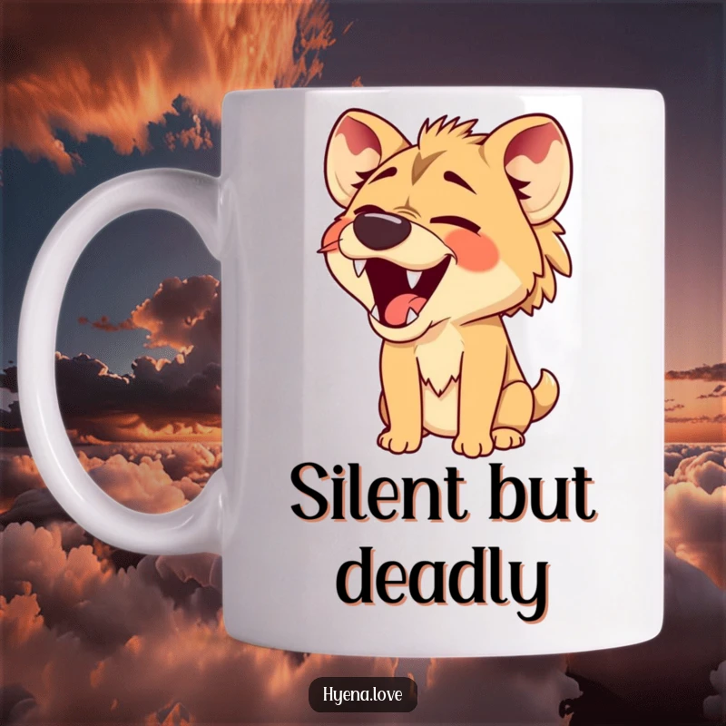 Funny Mug depicting a hyena with its jaws wide open in a comical, silent laugh, capturing a moment of pure, uproarious amusement.