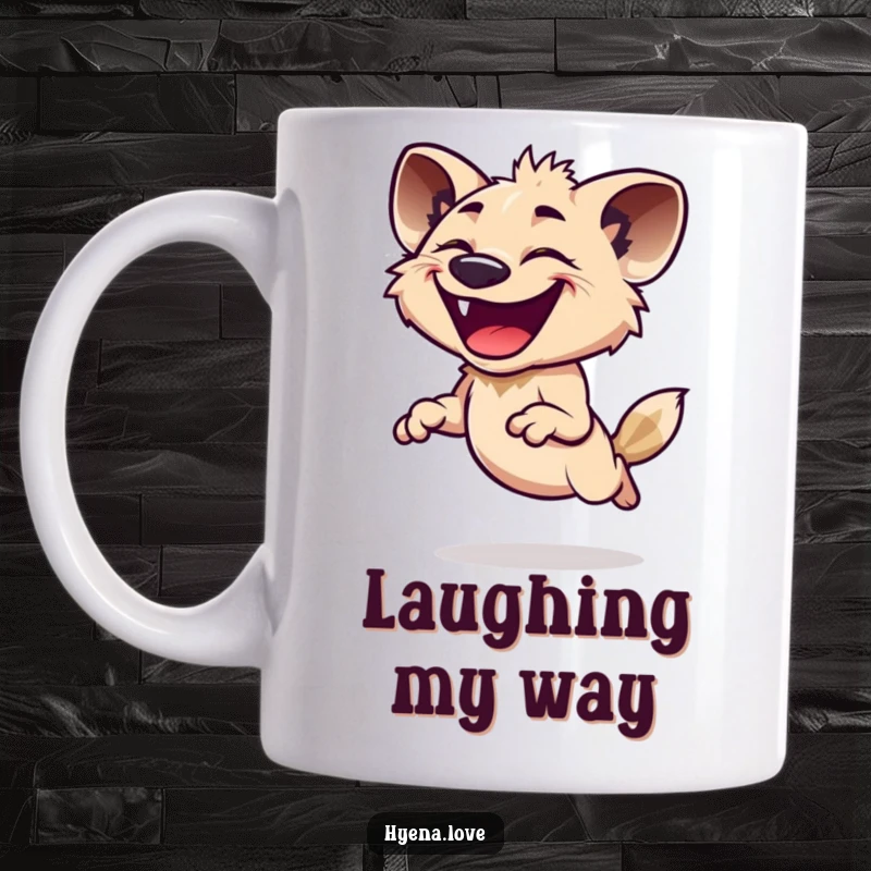 Funny Mug depicting a hyena with a wide, infectious grin, joyfully leaping with its head thrown back, radiating pure unadulterated glee.