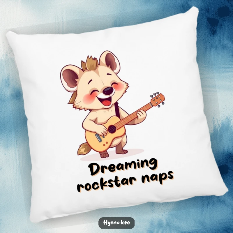 Funny Pillow: A happy hyena enthusiastically strums a tiny, imaginary guitar with great joy and passion.