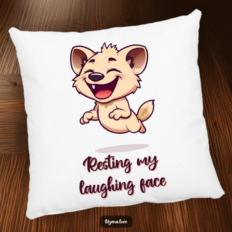 Funny Pillow featuring a hyena mid-leap with a wide, infectious grin, bringing a touch of playful joy and humor to any seating area.