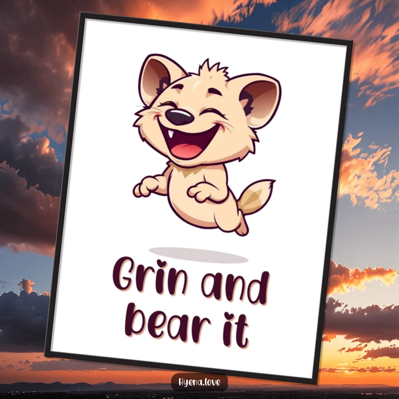 Funny Digital Art Print of a hyena joyfully leaping with its head thrown back and a wide, infectious grin, capturing pure, hilarious delight.