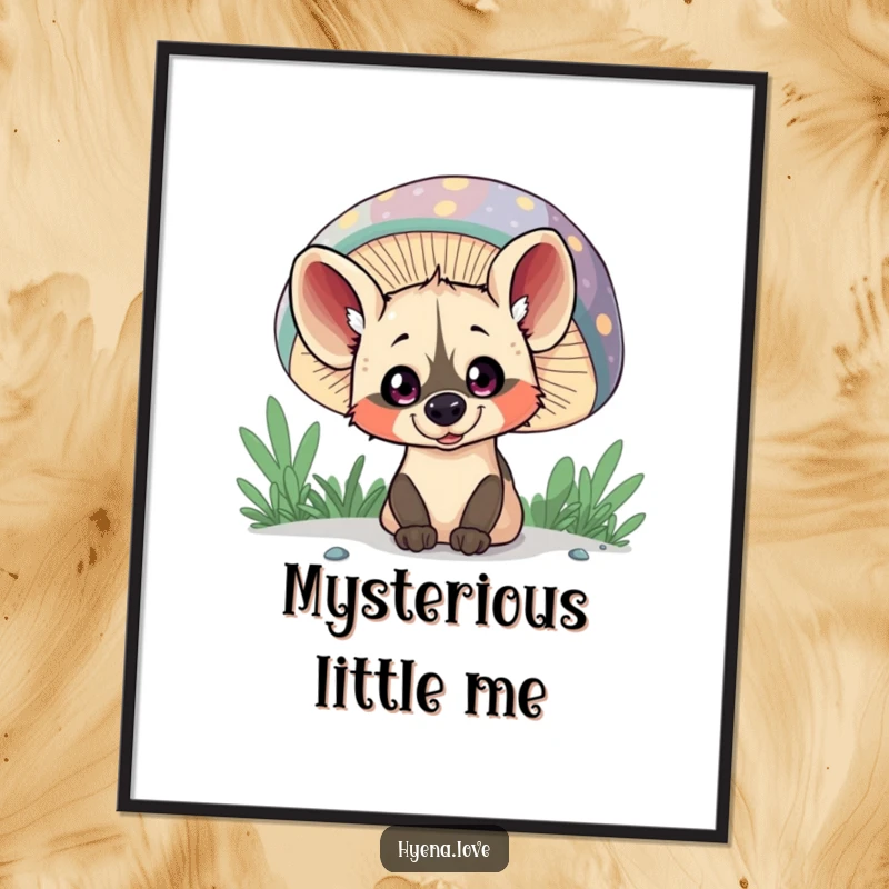 Funny Digital Art Print: A mischievous hyena with wide eyes peeks from behind a giant, colorful mushroom.
