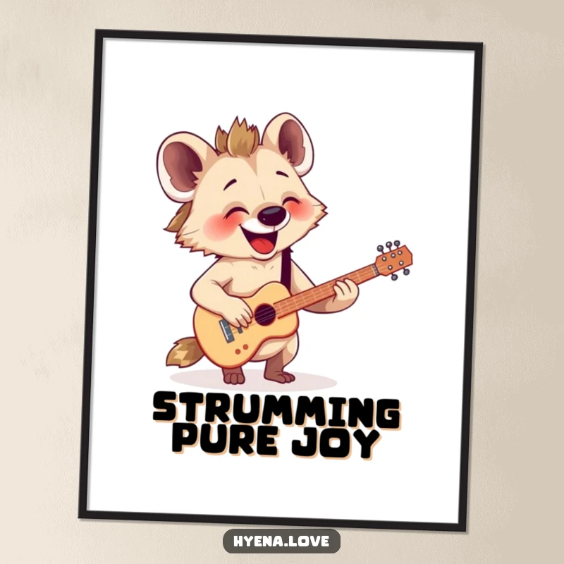 Funny Digital Art Print: A happy hyena enthusiastically strums a tiny, imaginary guitar with immense joy and flair.