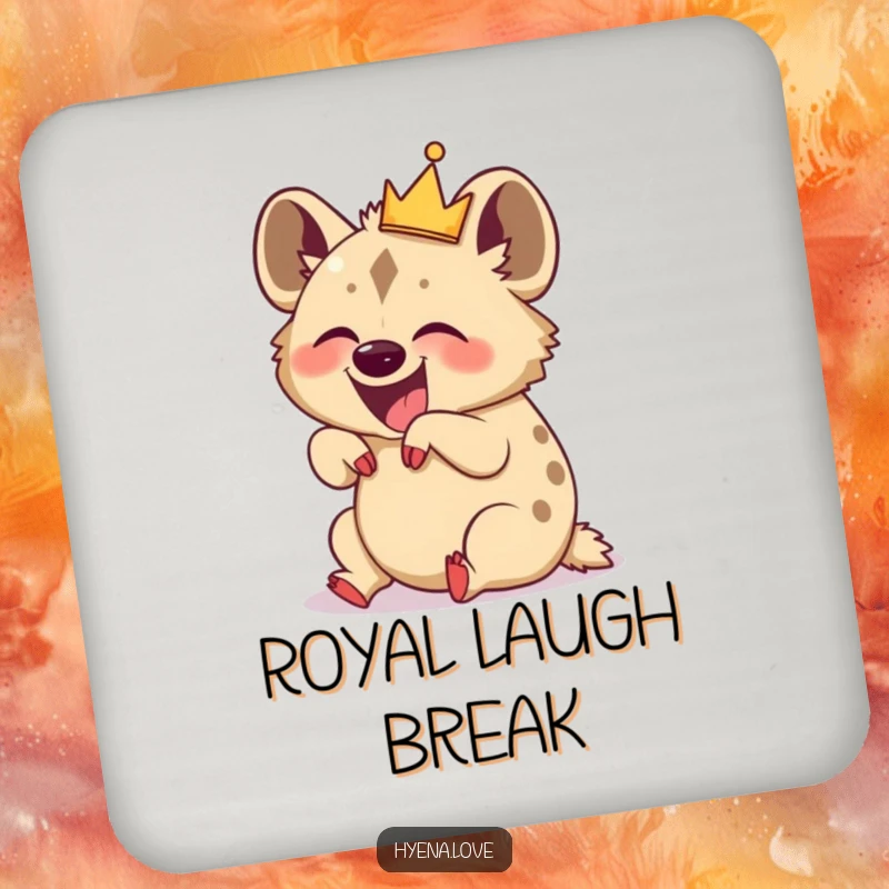 Funny Coaster: A crowned hyena is depicted rolling on its back, lost in hilarious, uncontrollable laughter.