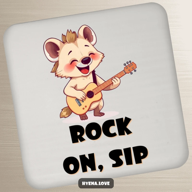 Funny Coaster: A happy hyena enthusiastically strums a tiny, imaginary guitar with pure joy.