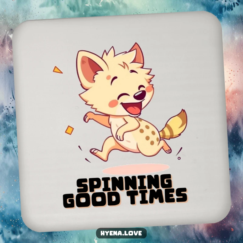 Funny Coaster: A cheerful hyena is shown dizzyingly chasing its own tail with great enthusiasm and a happy smile.