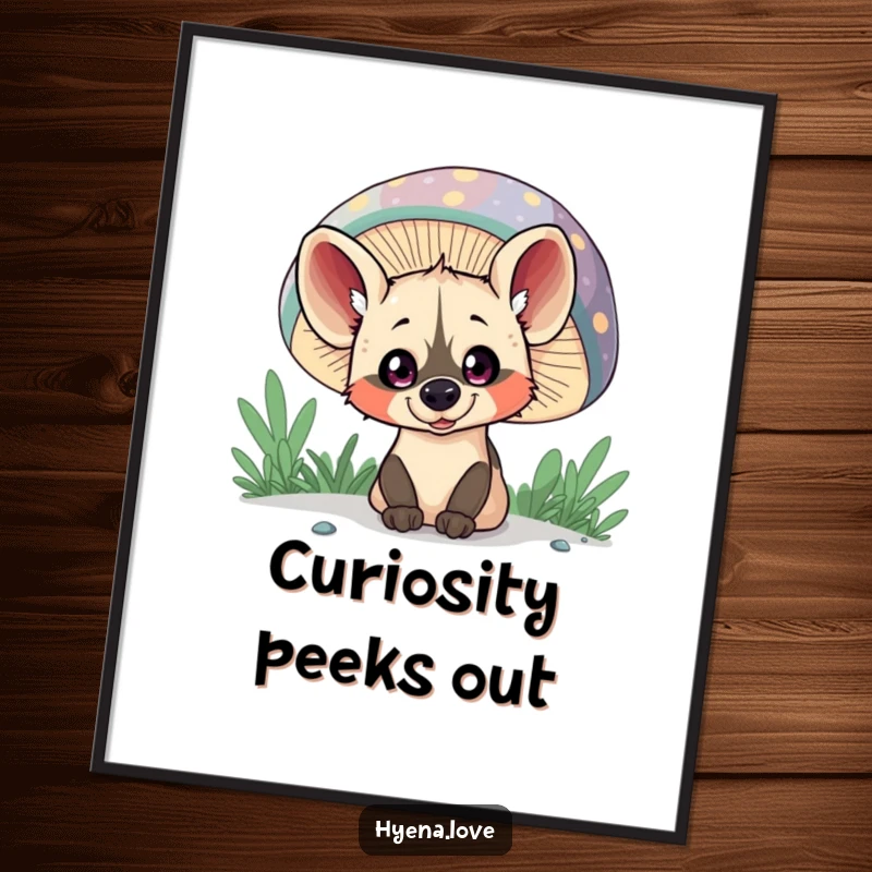 Funny Poster: A mischievous hyena with wide, curious eyes peeks out from behind a giant, colorful mushroom.