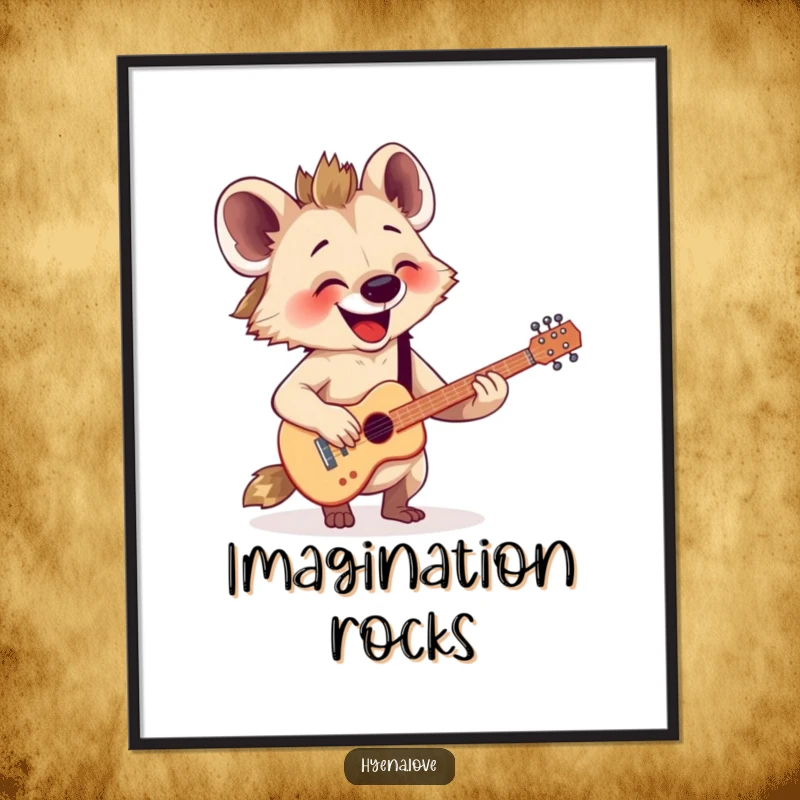Funny Poster: A happy hyena is depicted joyfully strumming a tiny, imaginary guitar with immense enthusiasm and a wide smile.