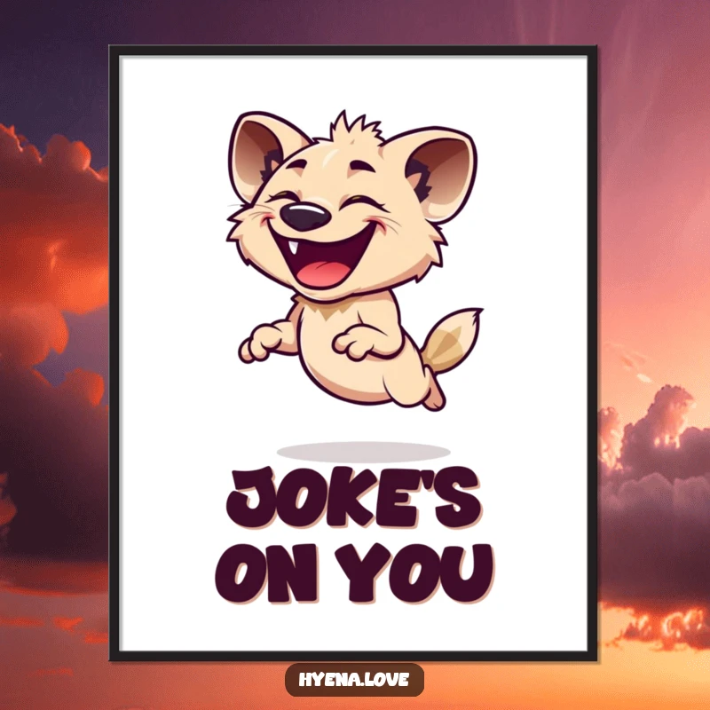 Funny Poster of a hyena joyfully leaping with its head thrown back and a wide, infectious grin, conveying pure, hilarious happiness.