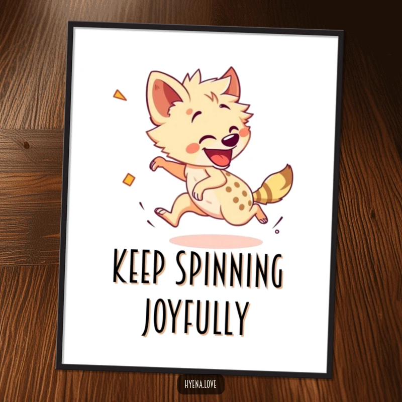 Funny Poster: A cheerful hyena enthusiastically chases its own tail, creating a dizzying and comical visual.