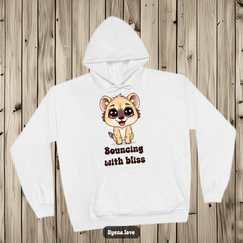 Funny Hoodie depicting a hyena with enormous, sparkling eyes, bouncing with pure delight, perfect for spreading cheer and cozy vibes.