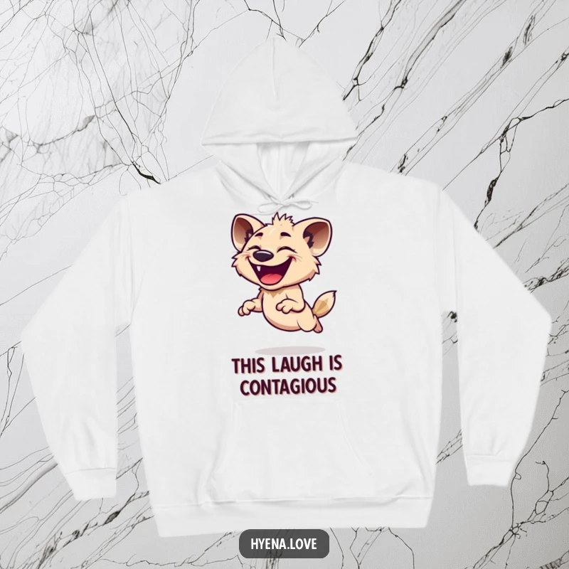 Funny Hoodie with a hyena joyfully leaping with a wide, infectious grin, its head thrown back, perfect for spreading laughter and warmth.