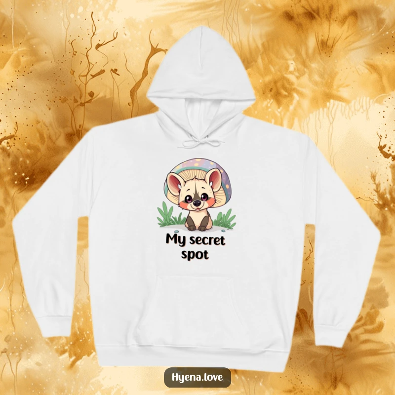 Funny Hoodie: A mischievous hyena with wide eyes playfully peeks from behind a giant, colorful mushroom.