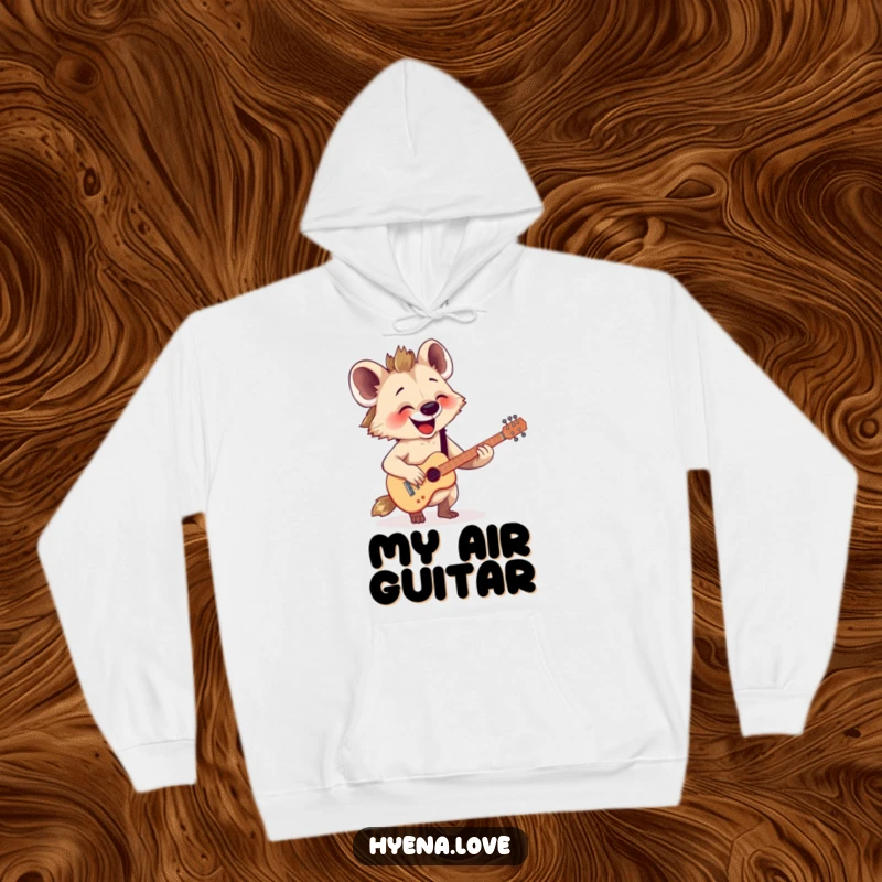 Funny Hoodie: A happy hyena enthusiastically strums a tiny, imaginary guitar, radiating pure joy and musical passion.