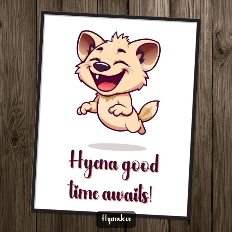 Funny Free Printable Wall Art of a hyena with a massive, infectious grin, captured mid-leap with its head thrown back joyfully.