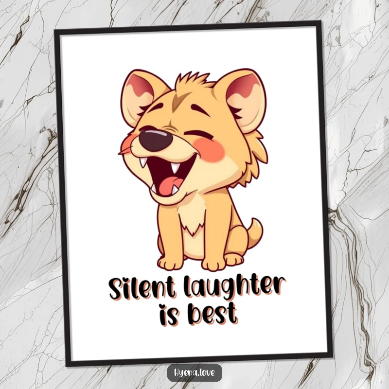Funny Free Printable Wall Art showing a hyena with its jaws wide open, caught in a comical, silent, side-splitting laugh.