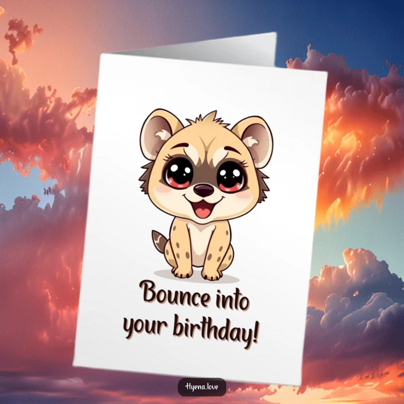 Funny Free Printable Birthday Card of a hyena with huge, sparkling eyes, bouncing ecstatically with pure birthday delight.
