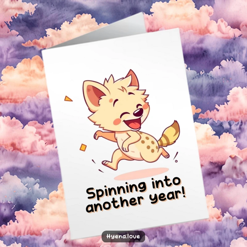 Funny Free Printable Birthday Card: Cheerful hyena playfully chases its tail with dizzying enthusiasm, pure fun.