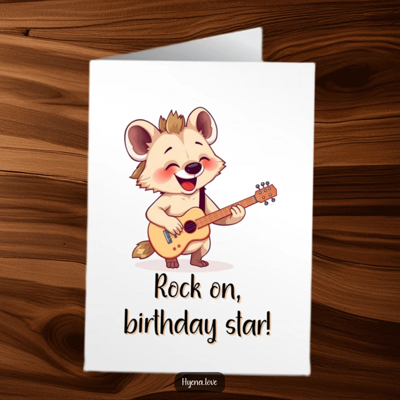 Funny Free Printable Birthday Card: A happy hyena enthusiastically strums a tiny imaginary guitar with pure joy and excitement.