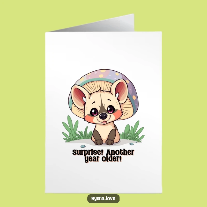 Free Printable Birthday Card: Mushroom Hyena Surprise, Funny Downloadable Gift for Laughs