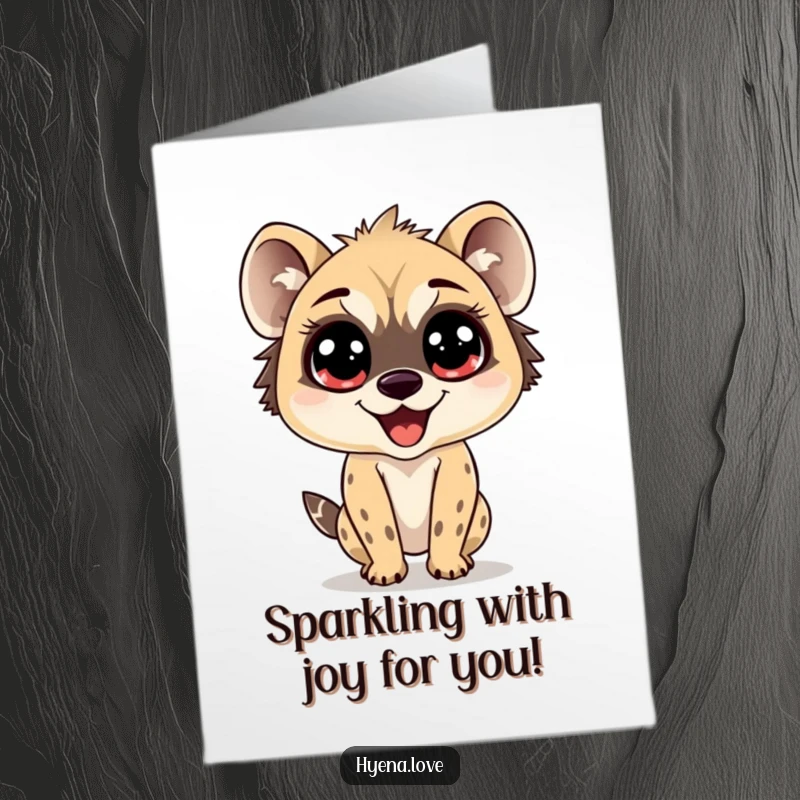 Funny Free Printable Congratulations Card of a hyena with big, sparkling eyes, bouncing with pure delight over achievements.