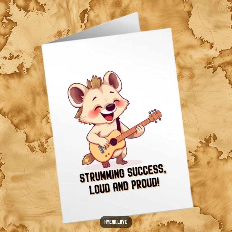 Funny Free Printable Congratulations Card: A happy hyena enthusiastically strums an imaginary guitar, celebrating success with joy.