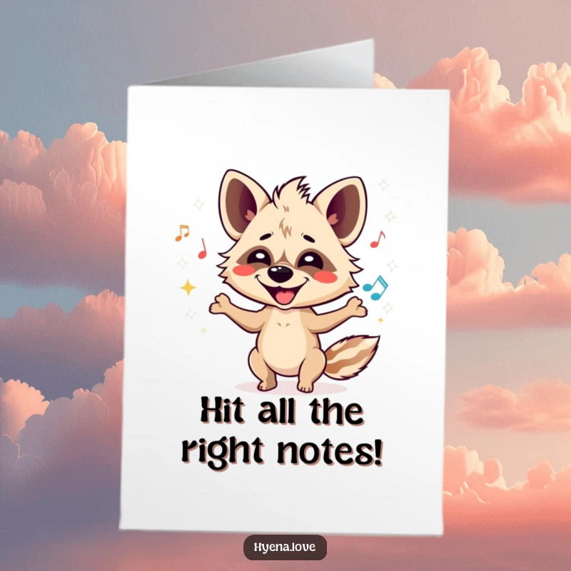 Funny Free Printable Congratulations Card: Playful hyena juggles sparkling musical notes, celebrating achievement with a wide smile.