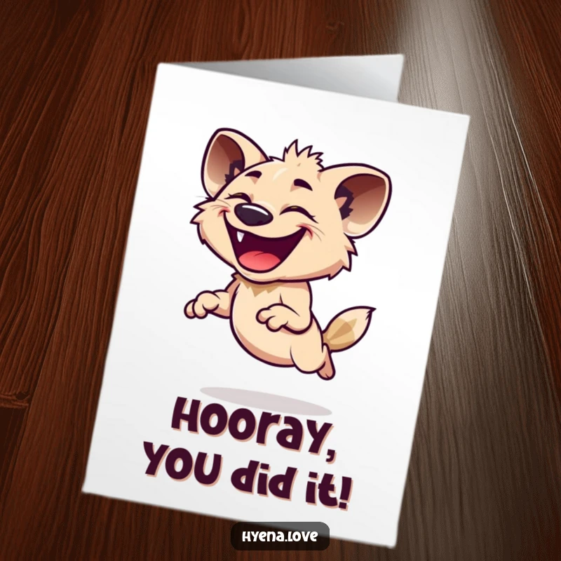 Funny Free Printable Congratulations Card featuring a hyena with an infectious grin, leaping with unrestrained joy to celebrate achievements.