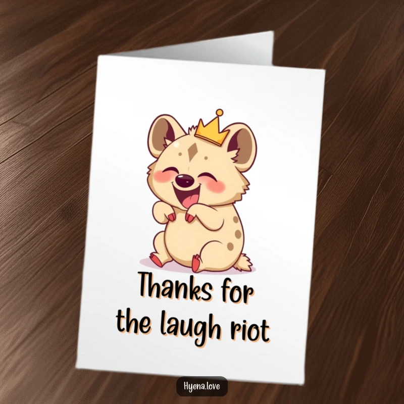 Funny Free Printable Thank You Card: Giggling hyena with a crown, showing thanks through laughter, joyful.