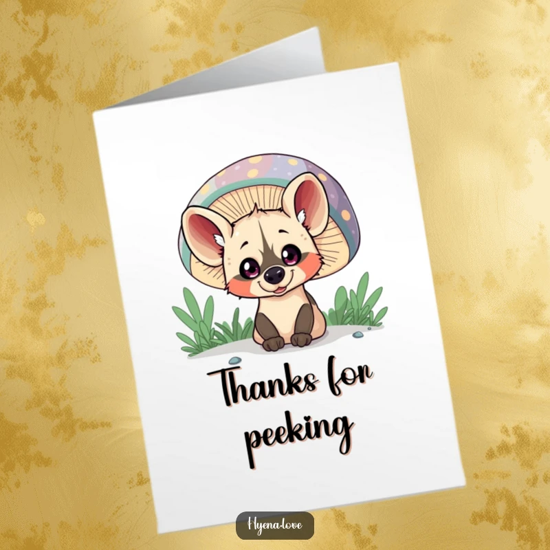 Funny Free Printable Thank You Card: Mischievous hyena peers from behind a giant, colorful mushroom with wide, appreciative eyes.