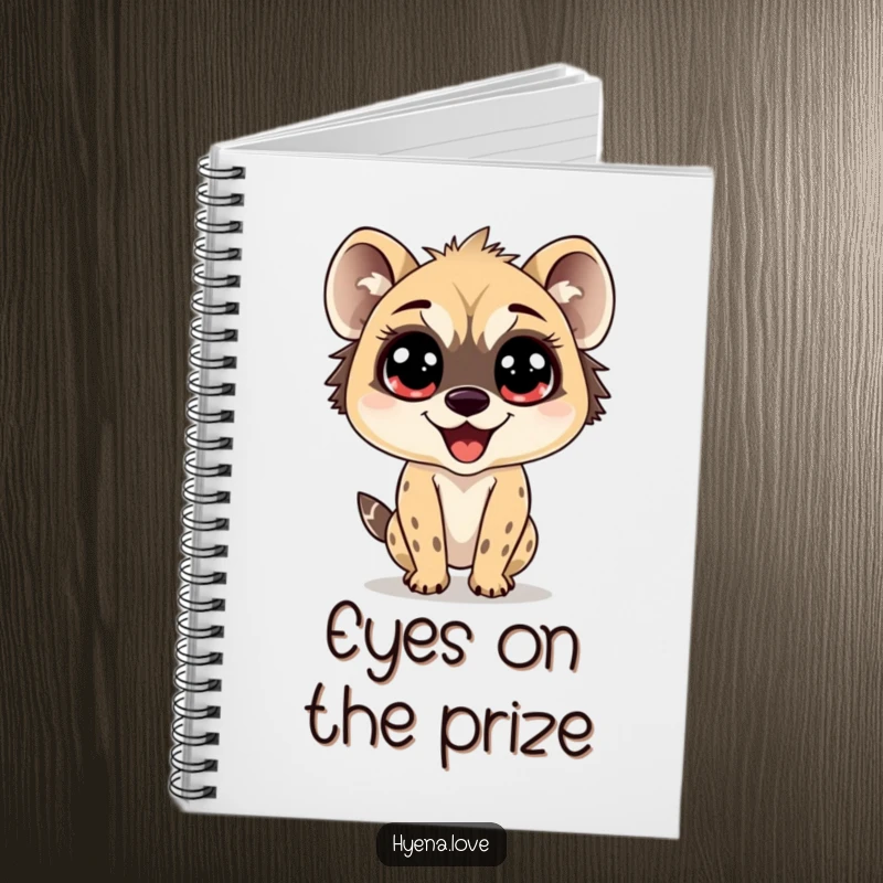 Funny Notebook with a hyena possessing enormous, sparkling eyes, bouncing with pure delight, ideal for journaling and capturing happy thoughts.