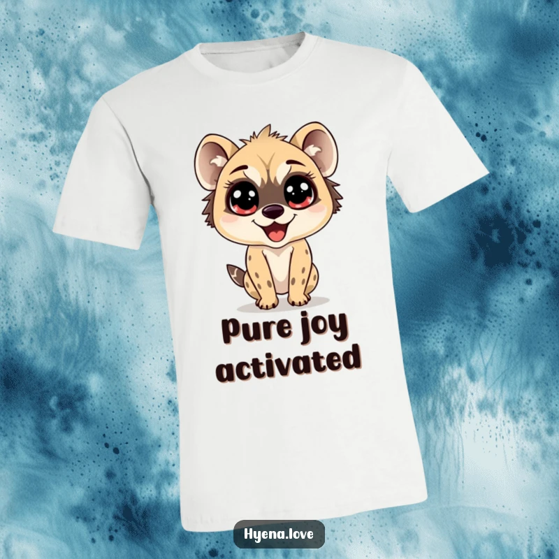 Funny T-Shirt featuring a hyena with enormous, sparkling eyes, caught in a moment of pure delight, bouncing with infectious energy.