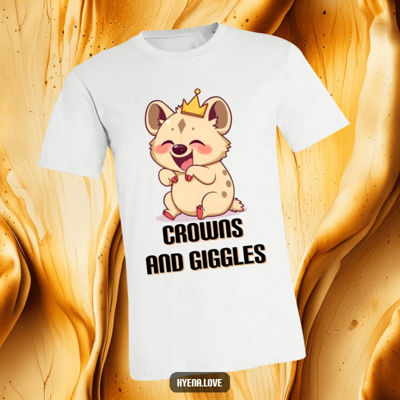 Funny T-Shirt: A joyful hyena with a whimsical crown is depicted rolling on its back, overcome with hilarious giggles.