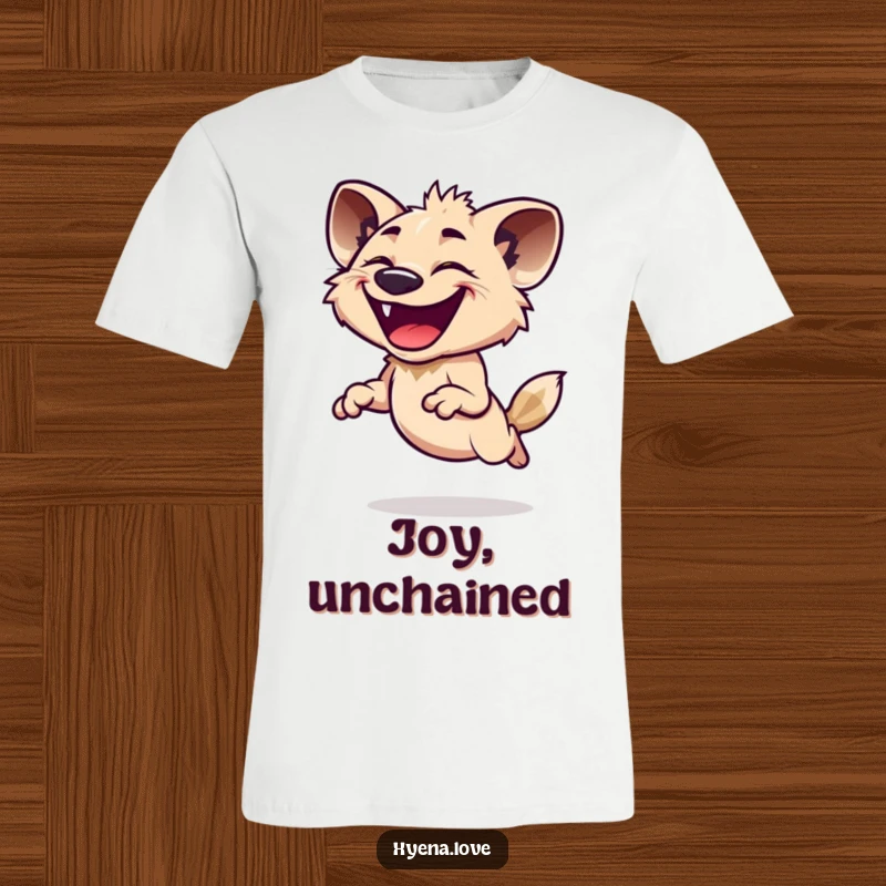 Funny T-Shirt featuring a hyena joyfully leaping with a wide, infectious grin, its head thrown back in a moment of pure, hilarious delight.
