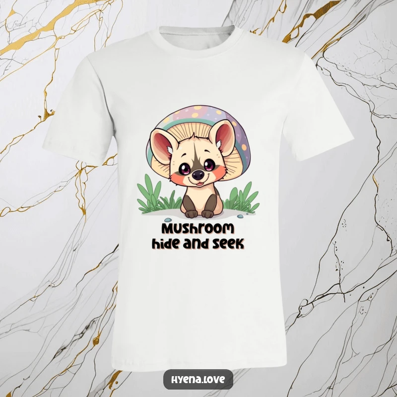 Funny T-Shirt: A mischievous hyena with wide, curious eyes is peeking out from behind a large, vibrantly colored mushroom.