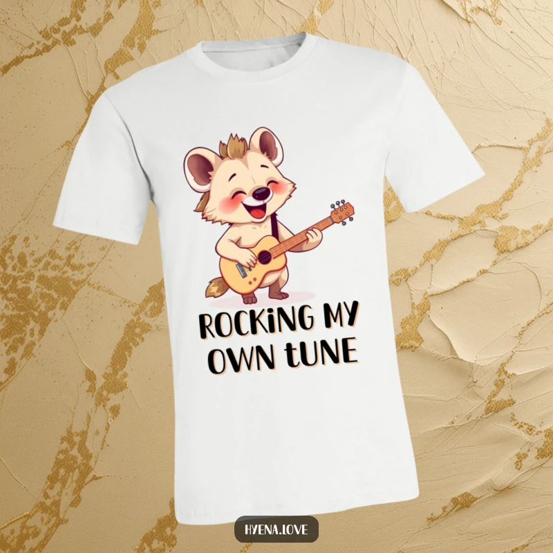 Funny T-Shirt: A happy hyena is enthusiastically strumming a tiny, imaginary guitar with pure joy and rockstar flair.