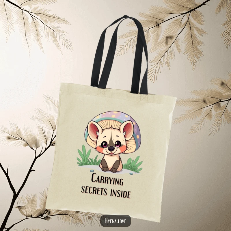 Funny Tote Bag: A mischievous hyena with wide eyes is peeking out from behind a large, colorful mushroom.