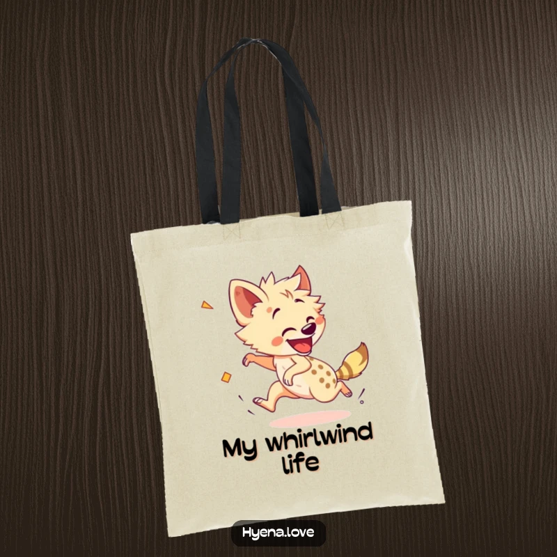 Funny Tote Bag: A cheerful hyena is shown in a dizzying, enthusiastic pursuit of its own tail with a happy grin.