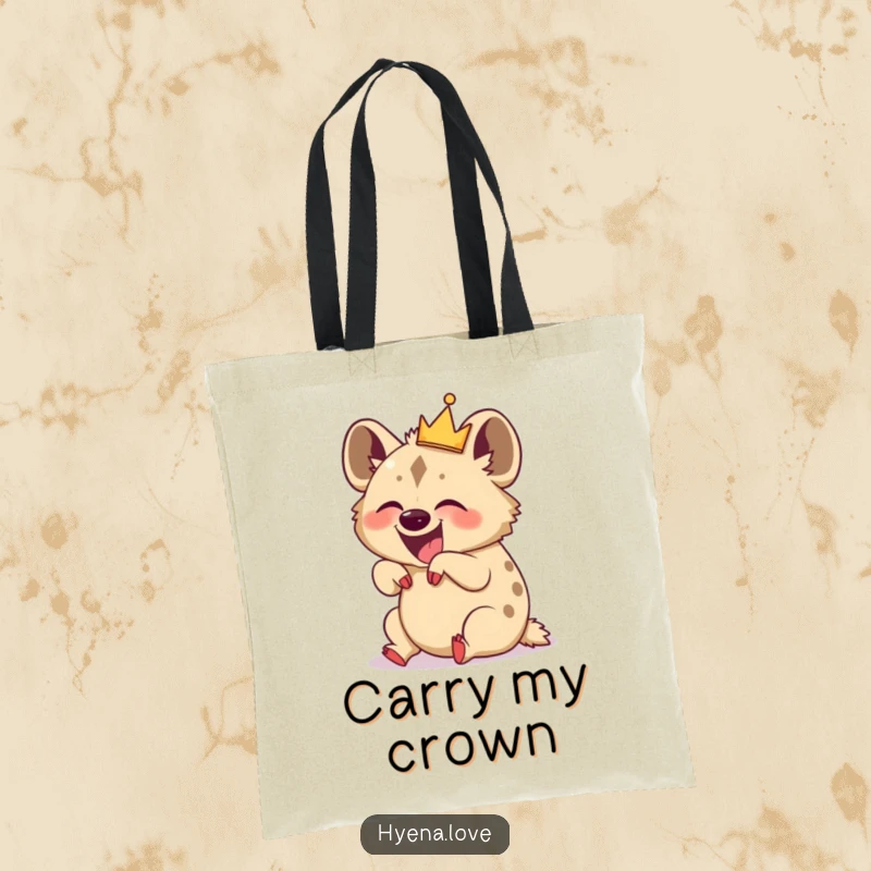 Funny Tote Bag: A hyena queen wearing a crown is depicted rolling on its back, caught in a fit of hilarious laughter.